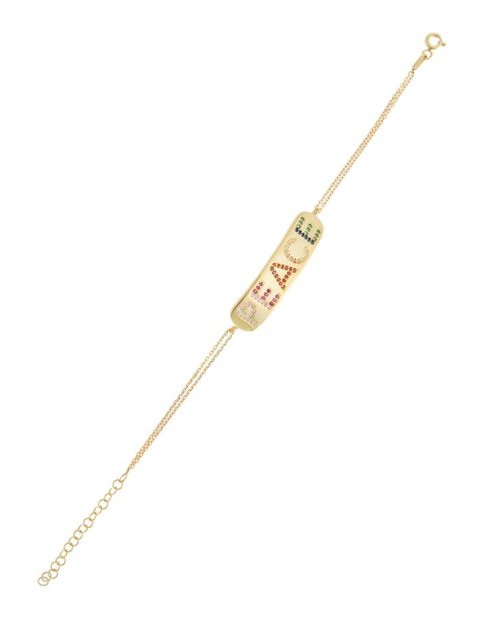 Peace Bar Bracelet W/ Rainbow Cubic Zirconia