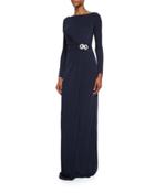 Long-sleeve Buckled Jersey Gown, Navy