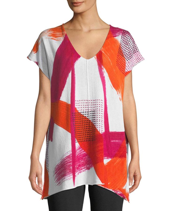 Paint-stroke Print V-neck Poncho Top