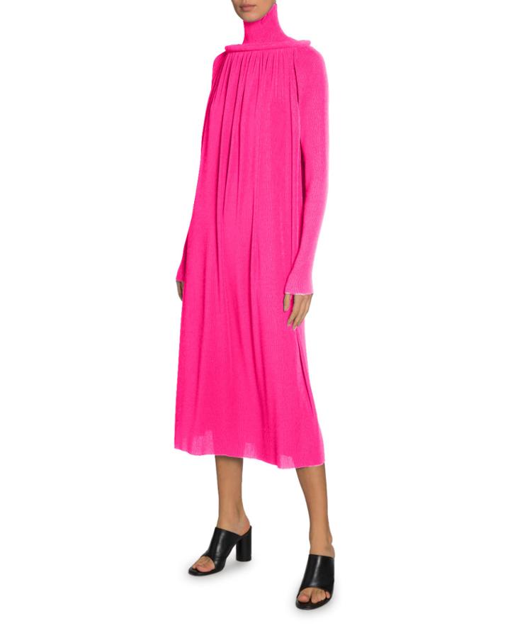 Long-sleeve Pleated Tech Crepe Dress