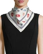 Skull-print Silk Bandana Scarf, Blue/white