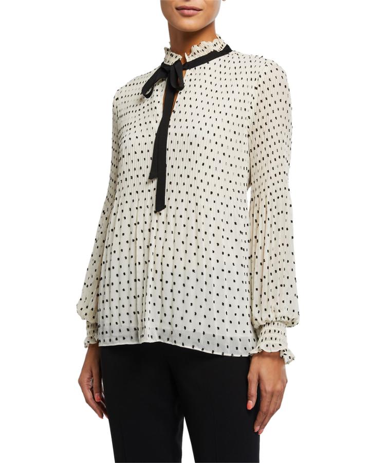 Pleated Smock-cuff Neck-tie Blouse