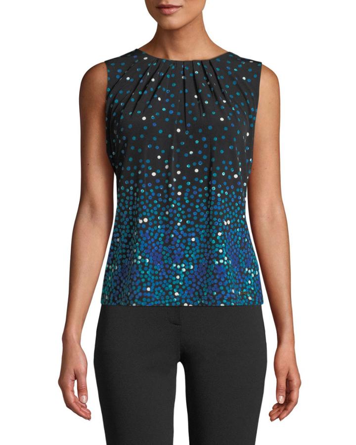 Polka-dot Print Pleated-neck Tank Top