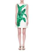 Sleeveless Banana-leaf Shift Dress, White/green