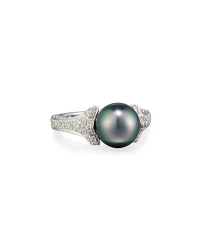 14k Three-point Diamond & Tahitian Pearl Ring