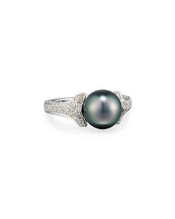 14k Three-point Diamond & Tahitian Pearl Ring