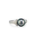 14k Three-point Diamond & Tahitian Pearl Ring
