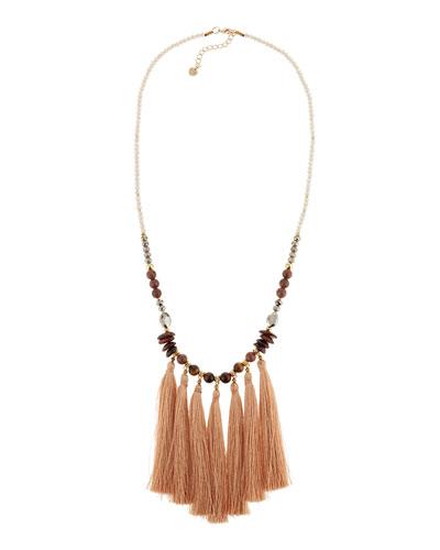 Long Beaded Stone Multi-tassel Necklace