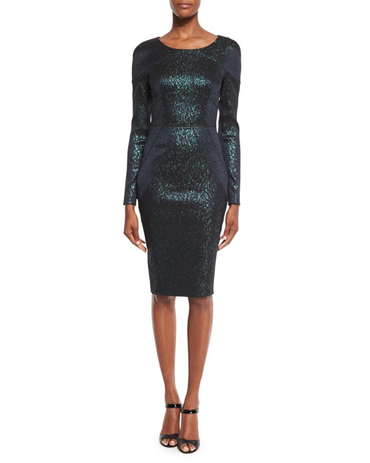 Loft Metallic Long-sleeve Sheath Dress, Green