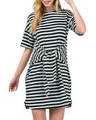 Striped Tie-front Short-sleeve Crewneck Dress