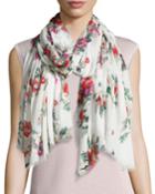Neiman Marcus Sheer Floral-print Fringe Scarf, White, Women's, White Comb