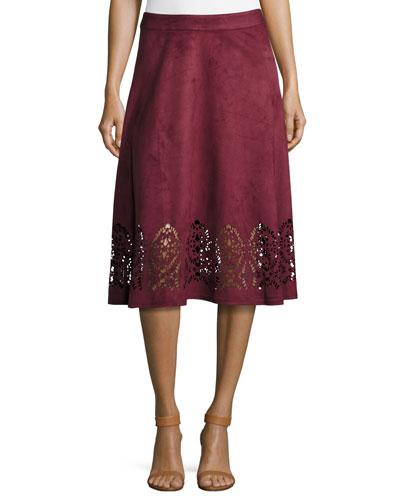 Faux-suede Flared Midi Laser-cut Skirt, Purple Wine