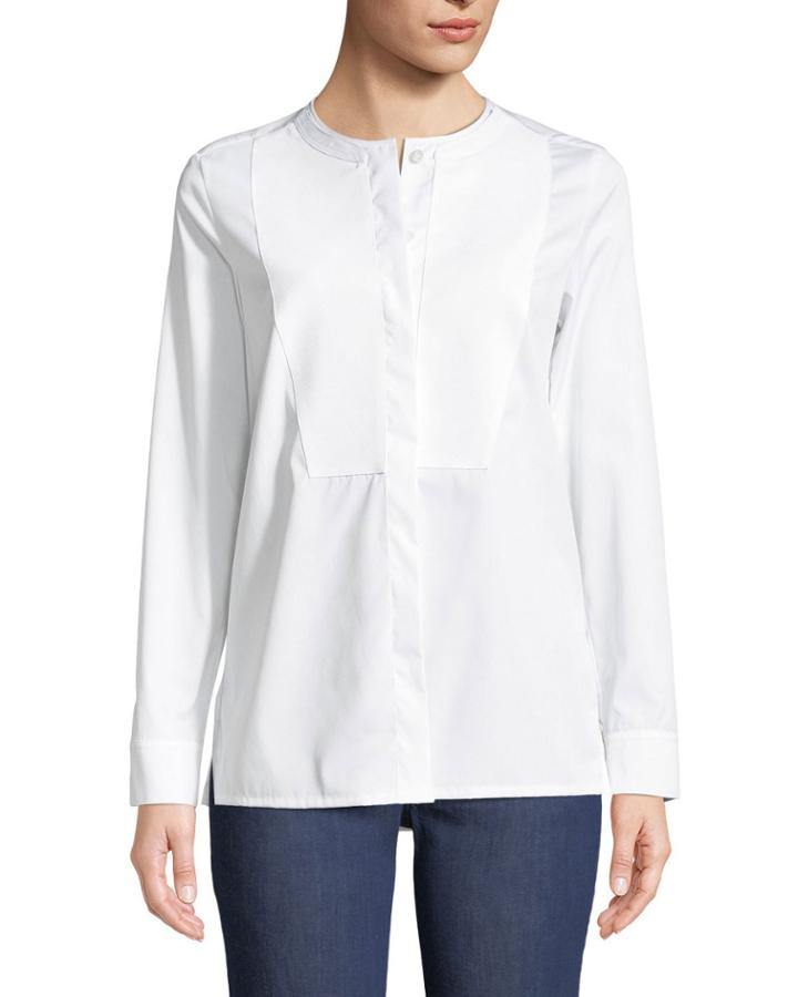 Long-sleeve Cotton Poplin Tunic With Pique Bib