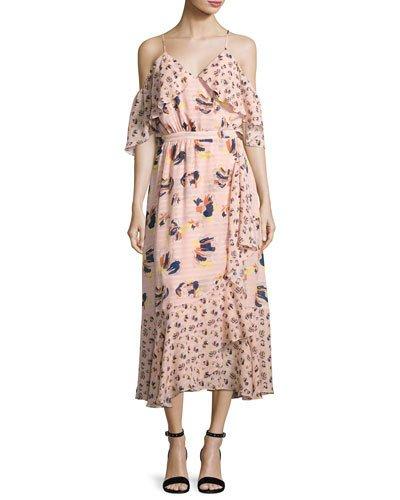 Amylia Textured Silk Abstract Floral Midi Dress, Pink
