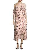 Amylia Textured Silk Abstract Floral Midi Dress, Pink