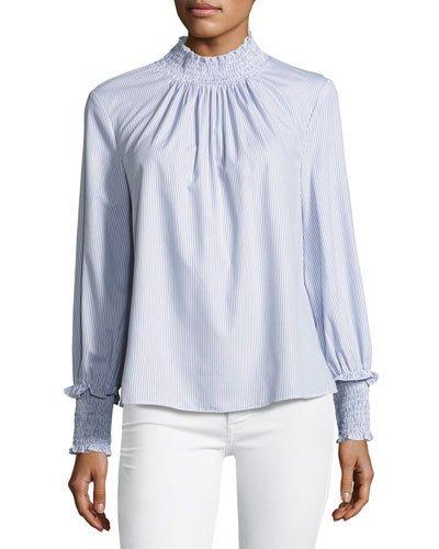 Smocked-neck Striped Top, Blue/white