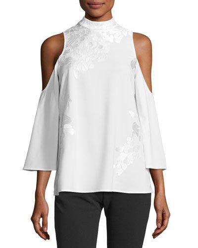 Cold-shoulder Embroidered Top, Ivory