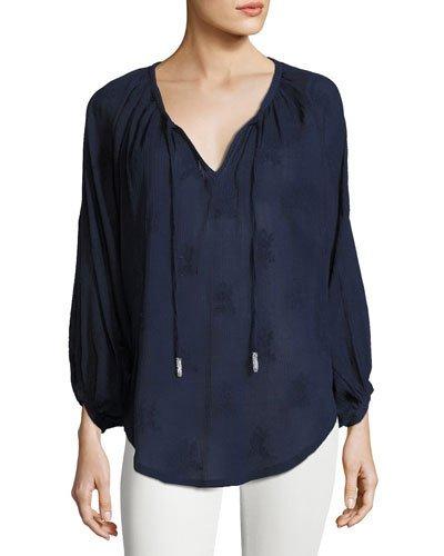 Blouson-sleeve Tie-neck Blouse, Navy