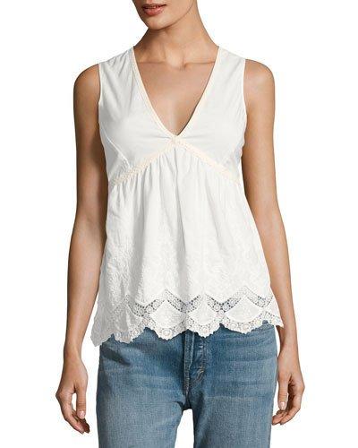 Sleeveless Lace-trim Cotton Top, White