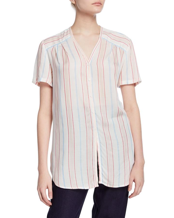 Striped V-neck Button-front Top