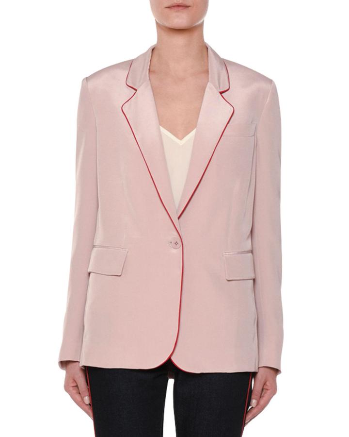 One-button Silk Blazer W/ Contrast Piping