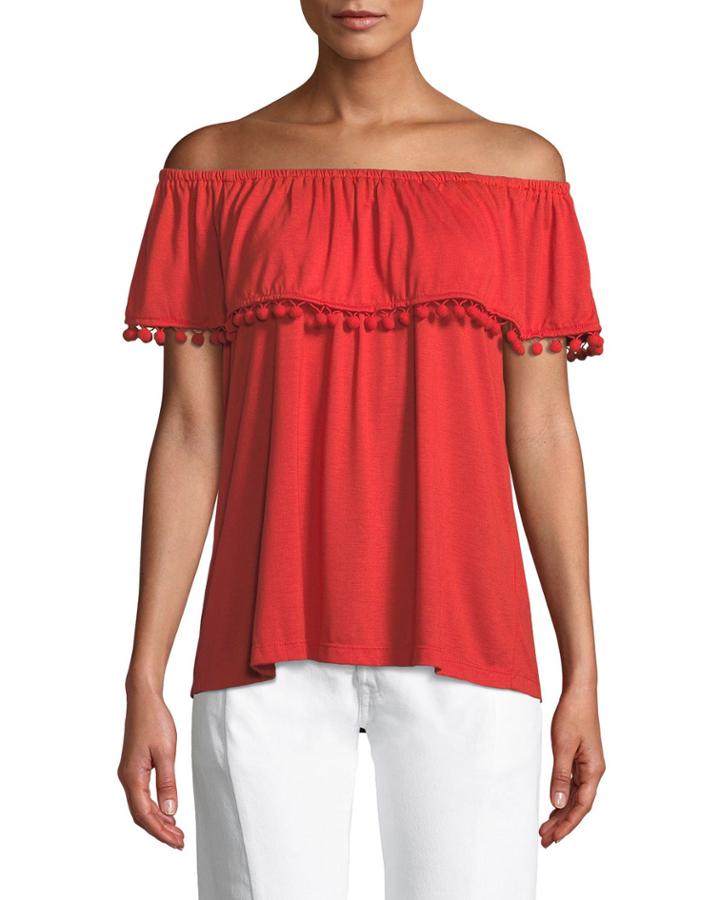 Pompom-trim Off-the-shoulder Blouse