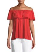 Pompom-trim Off-the-shoulder Blouse