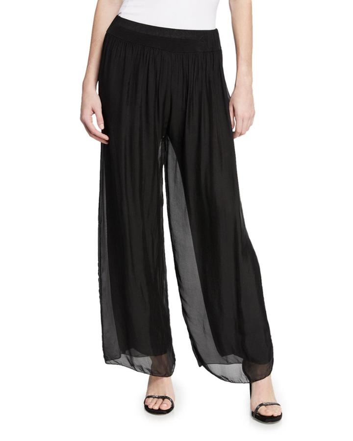 Sheer Overlay Flare-leg Pleated Pants