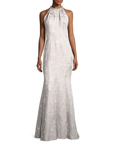 Sleeveless Metallic Brocade Gown,