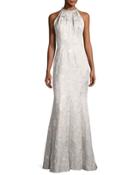 Sleeveless Metallic Brocade Gown,