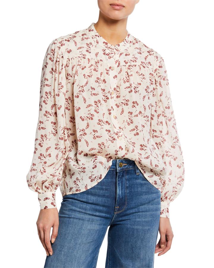 Voluminous Printed Button-front Top