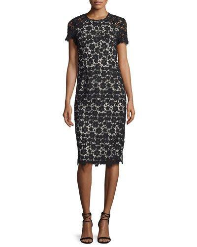 Short-sleeve Lace Midi Sheath Dress, Black/ivory
