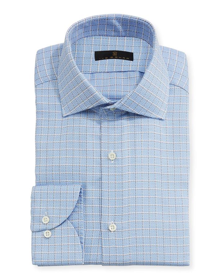 Textured-check Dress Shirt, Blue/tan