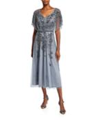 Dolman-sleeve Handed Beaded Midi Cocktail Dress