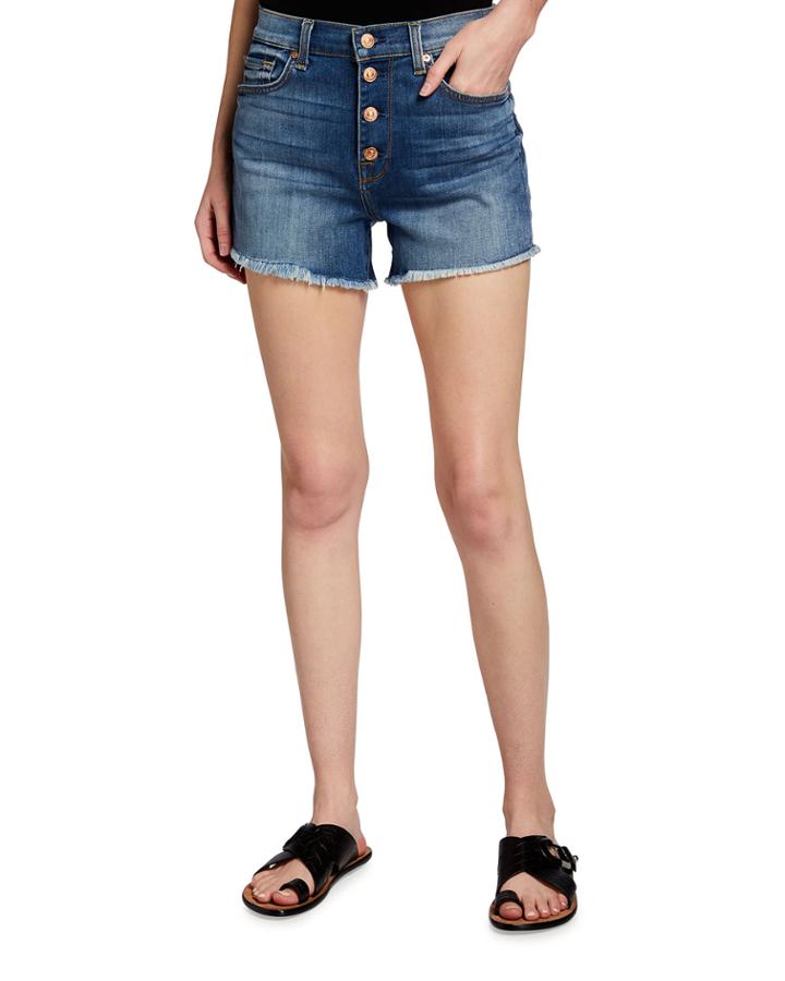 High-rise Frayed Denim Shorts W/ Button Fly