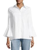 Bell-sleeve Poplin Button-front Tunic, White