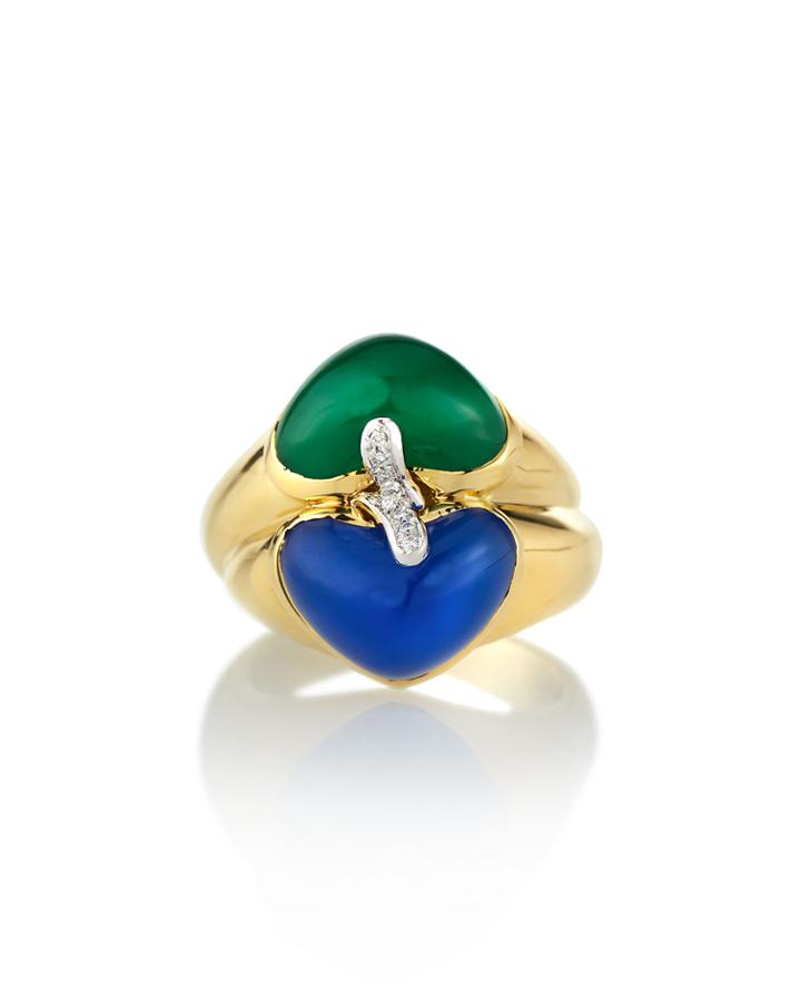 Estate 18k Yellow Gold Blue & Green Agate Ring,