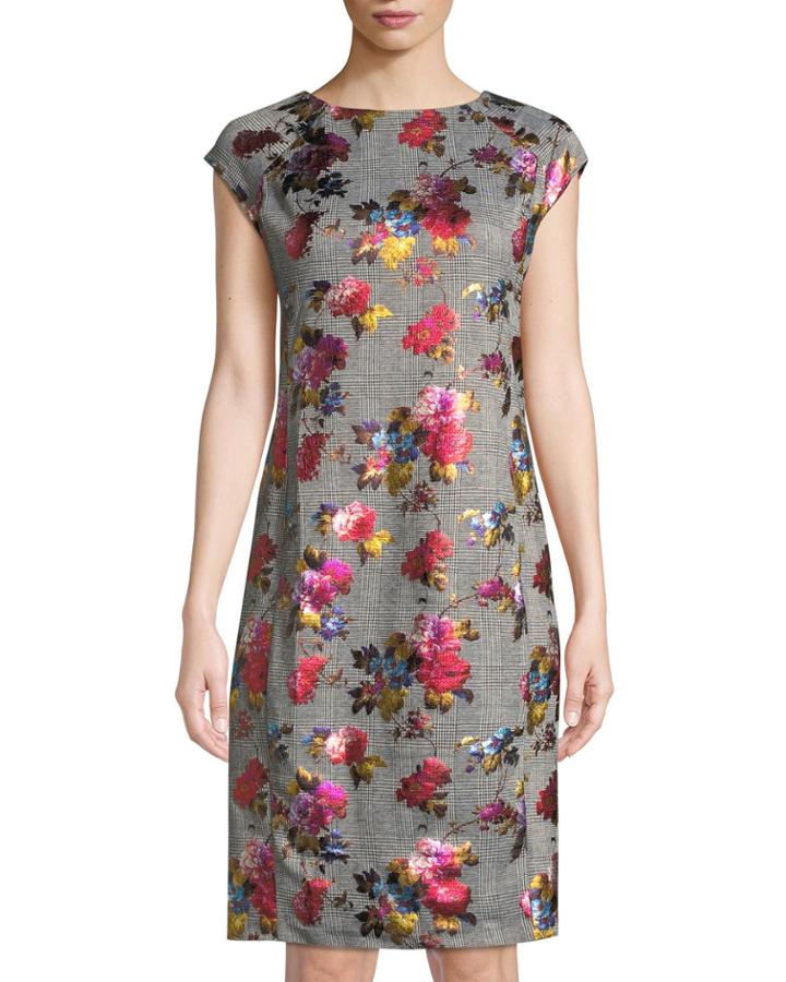 Plaid Foil Pattern Cap-sleeve Dress