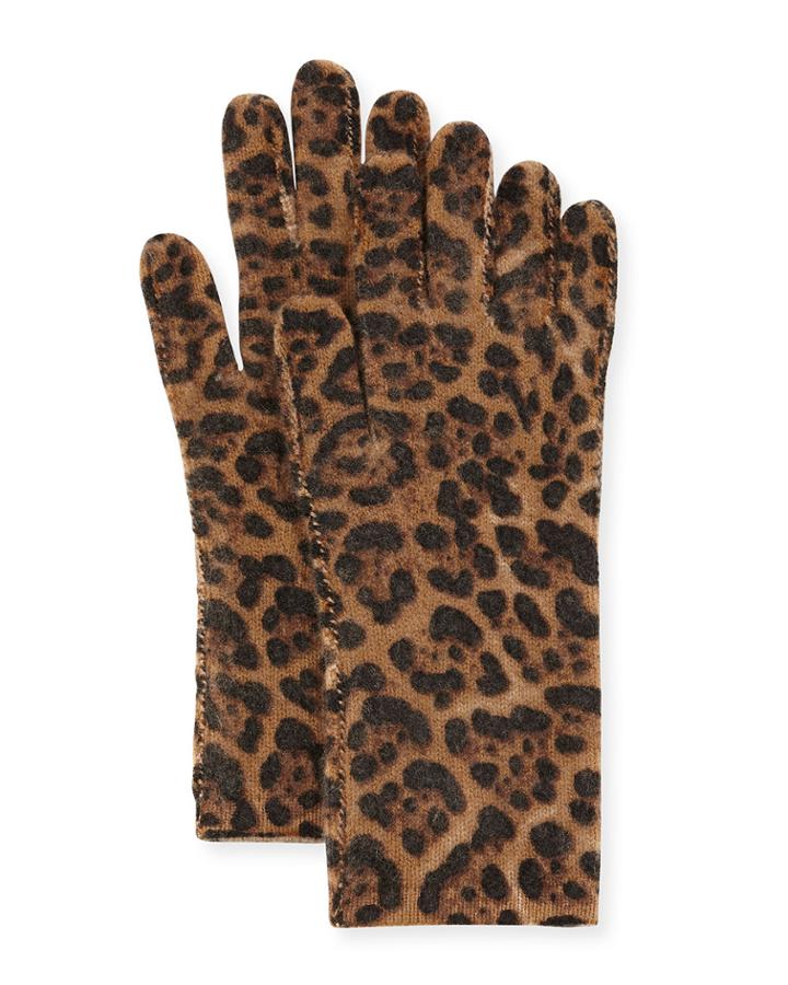 Neiman Marcus Cashmere Leopard-print Gloves, Brown, Women's, Brown