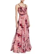 Printed Floral-embroidered Sleeveless Organza Gown W/ Beaded Bodice