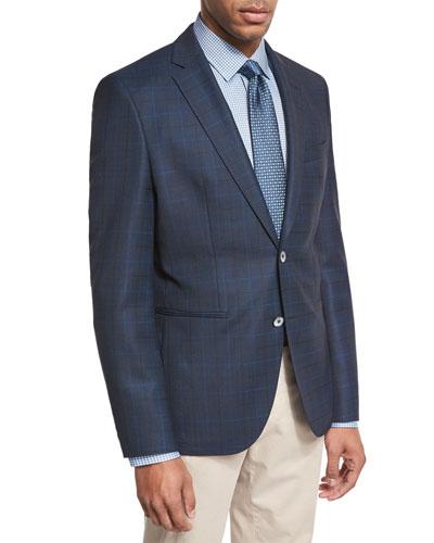 Windowpane-check Wool Sport Coat, Navy/teal