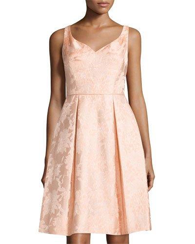 Sleeveless Jacquard Fit-&-flare Dress, Coral