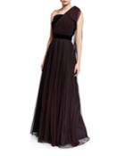 Jenise Dot One-shoulder Velvet Trim A-line Gown