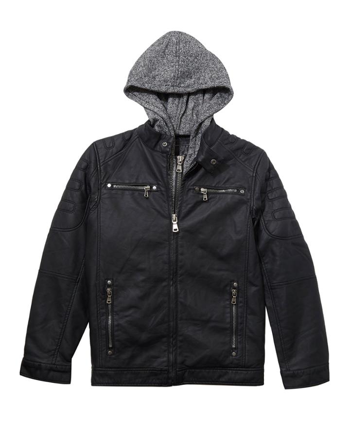 Faux Leather Jacket W/hood, Black,
