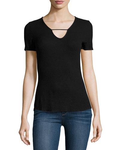 Ribbed Short-sleeve V-neck Top, Black