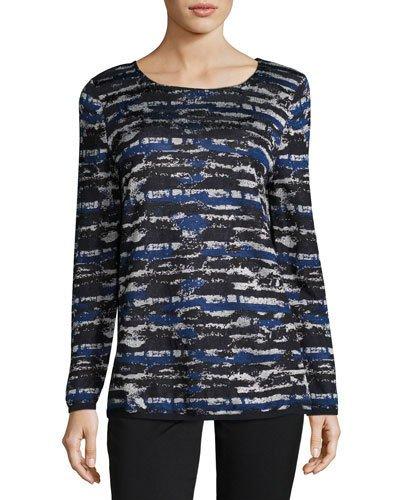 Streaked Jacquard Sweater, Blue Pattern