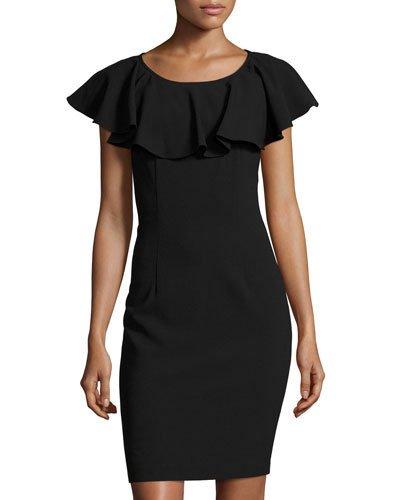 Ruffled-neck Crepe Sheath Dress, Black