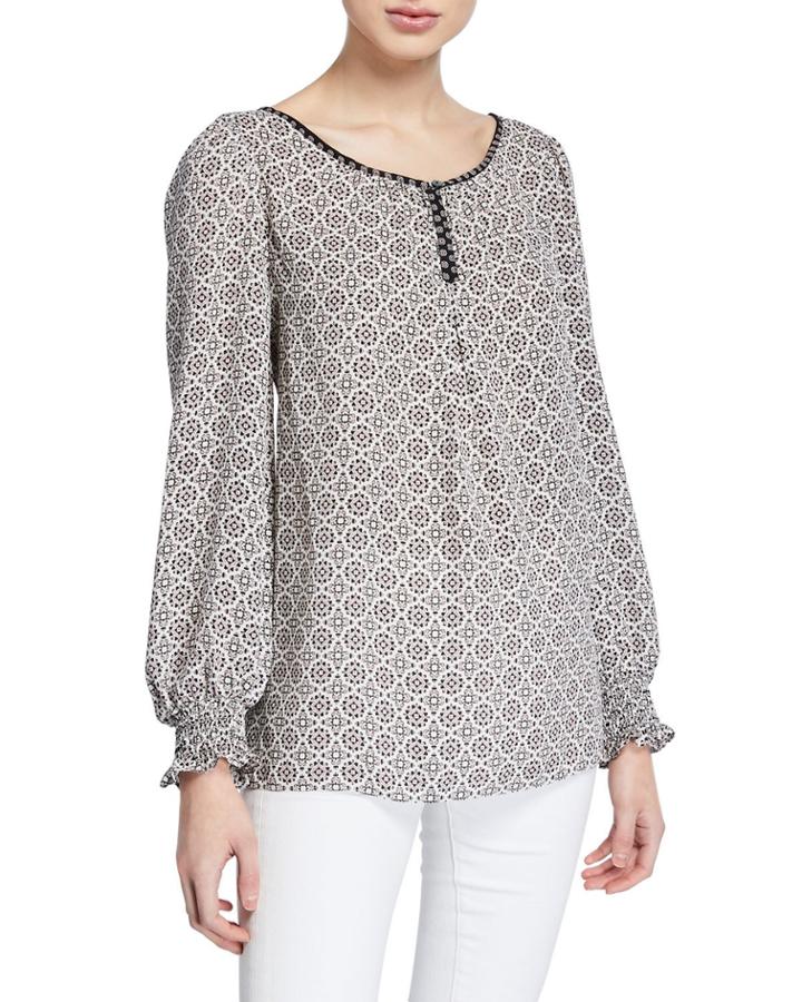 Smocked-cuff Medallion Crepe Blouse
