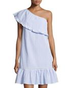 Seersucker Asymmetric-neck Dress, Blue/white