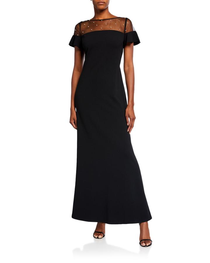 Pearly Embellished Scuba Crepe Column Gown With Tulle Yoke
